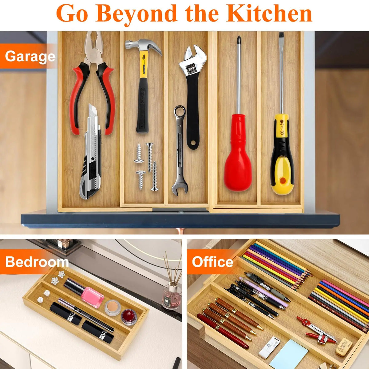 Expandable Bamboo Kitchen Utensil Drawer Organizer Tray for Silverware Storage