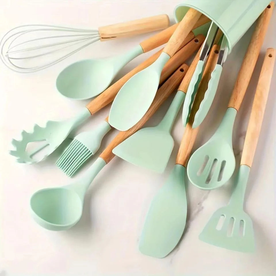 Food Grade Silicone Nonstick Kitchen Utensil Set With Wooden Handles
