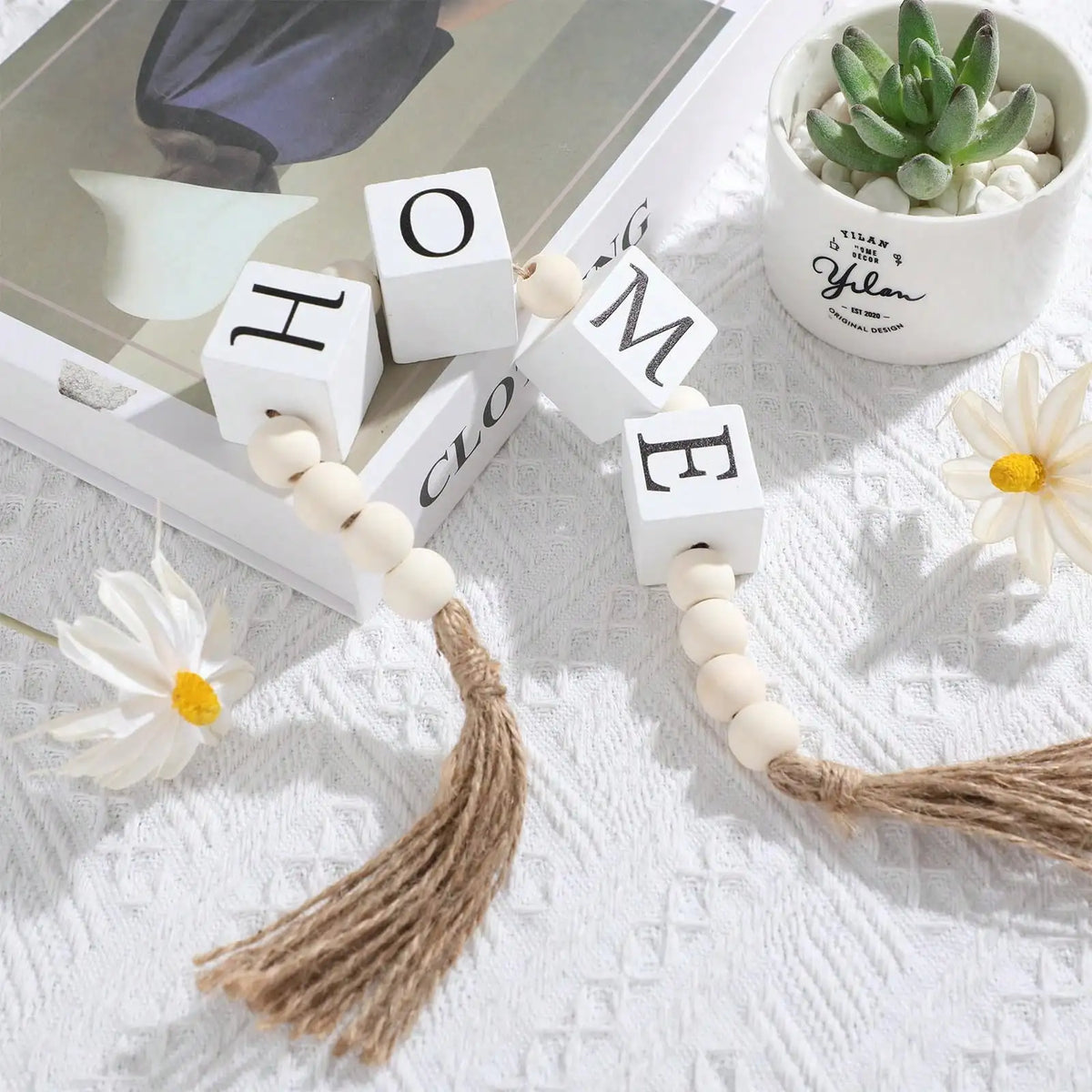 Wood Letter Block Bead Garland With Tassels For Farmhouse Decor