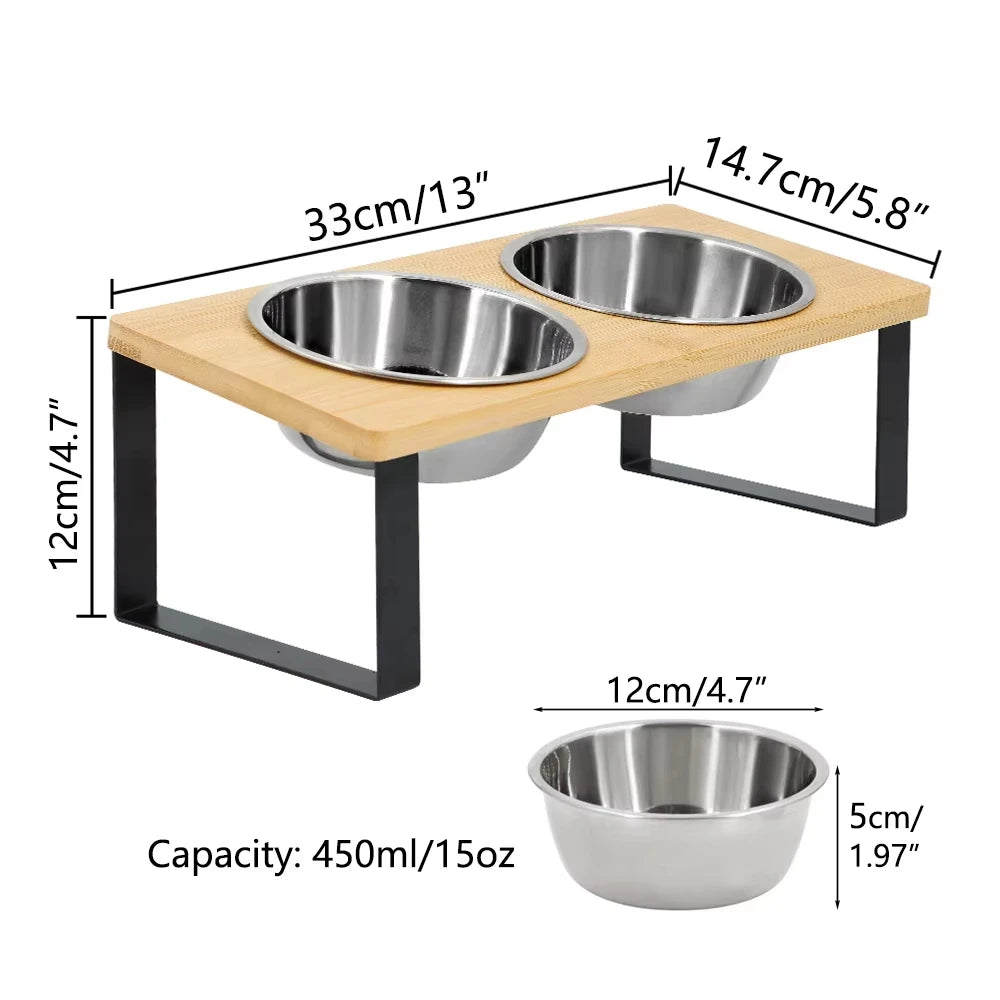 Elevated Tilted Cat Bowls With Wooden Stand And Stainless Steel