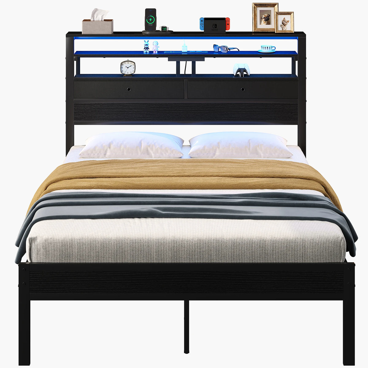 JHK Metal Platform Bed Frame With LED Lights And Storage
