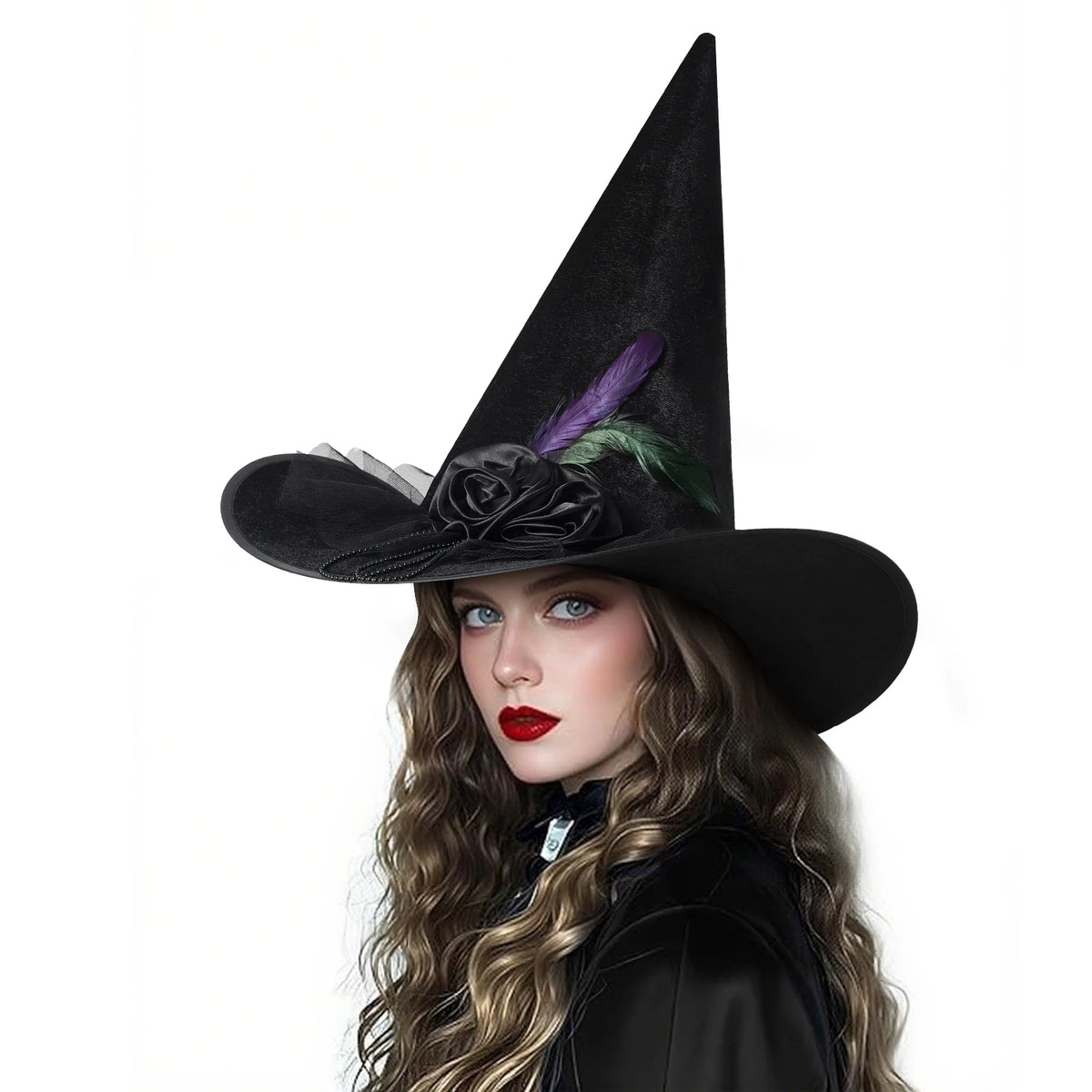 Womens Halloween Witch Hat with Lace Feather and LED Decor