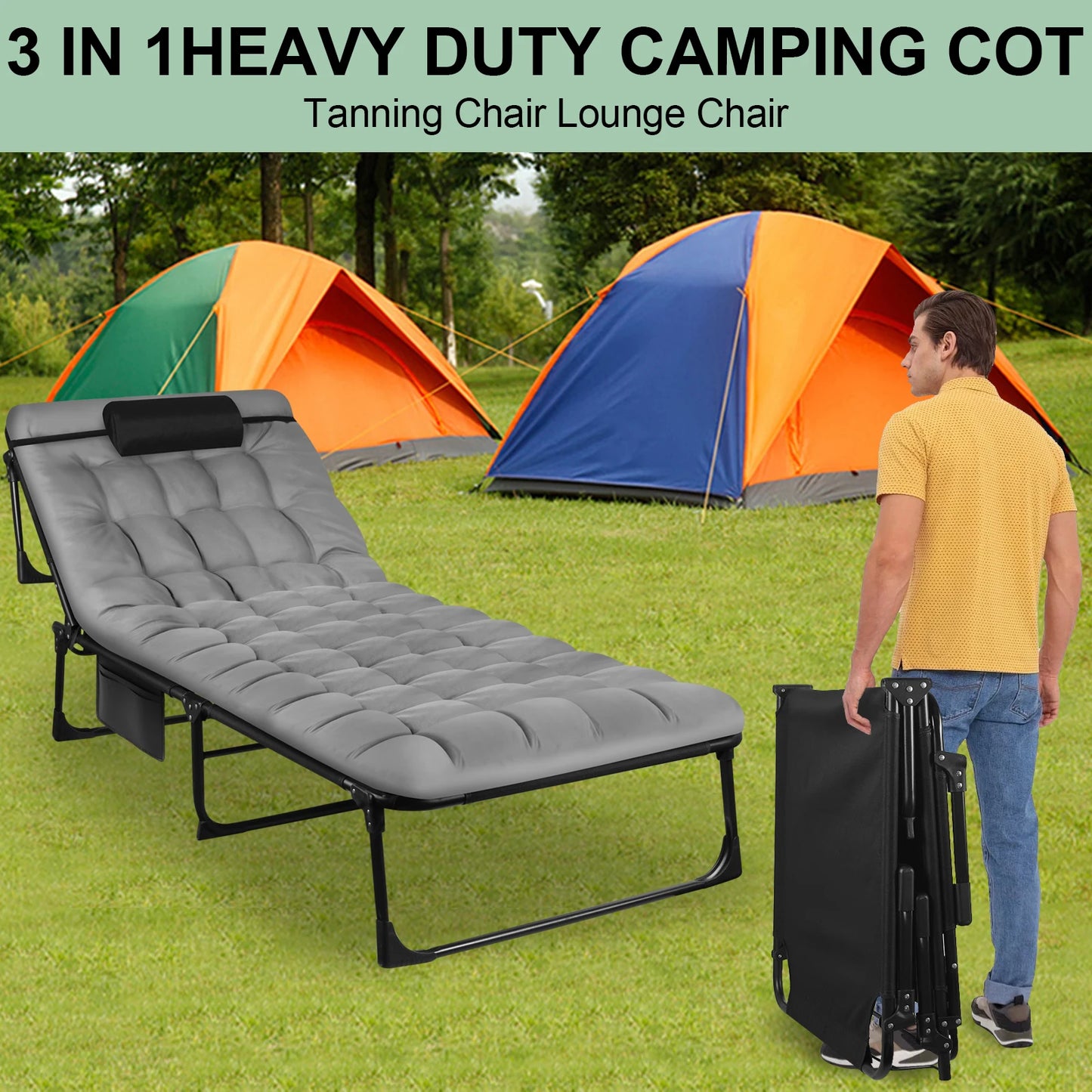 Portable Folding Camping Cot With Adjustable Reclining Lounge Chair Pillow