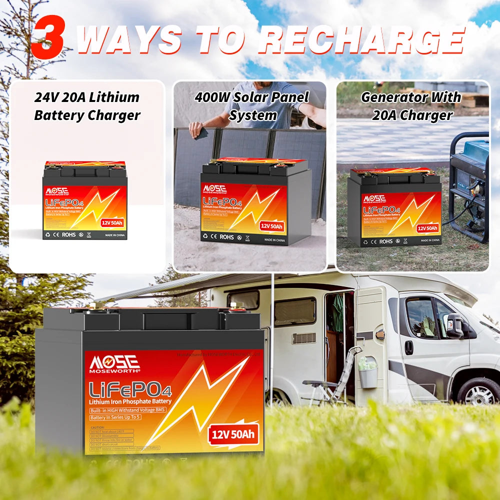 Moseworth 12V 50Ah LiFePO4 Battery With 50A BMS Deep Cycle