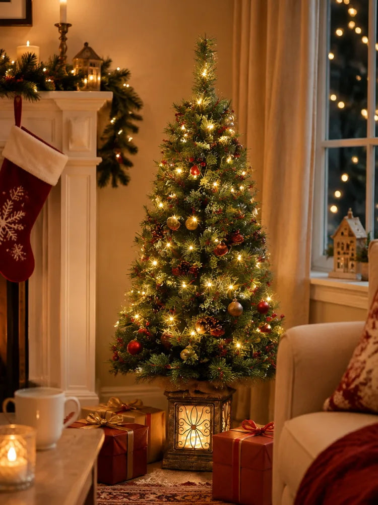 Prelit Christmas Tree With LED Lights And Antique Urn Base
