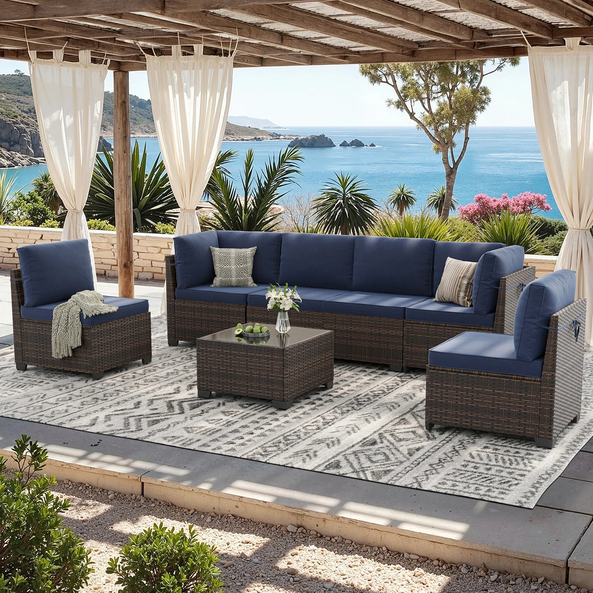 7 Piece Outdoor Rattan Patio Furniture Conversation Set Sectional