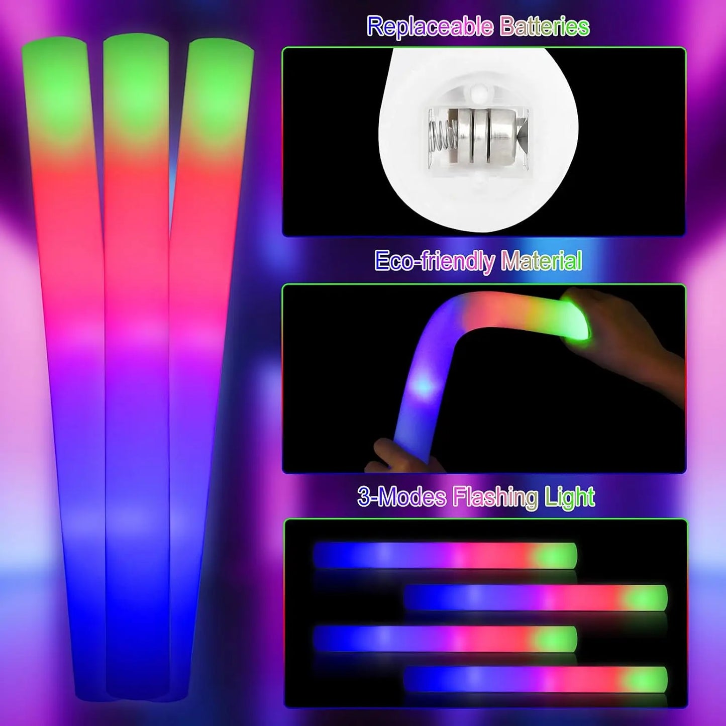 LED Foam Glow Sticks 110Pcs With 3 Modes Flashing Lights
