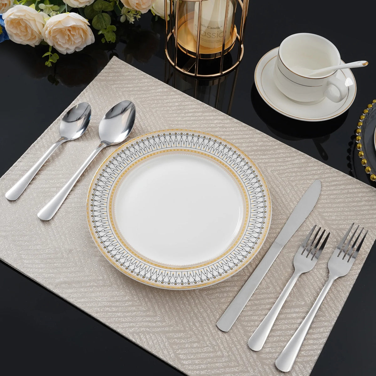 HanSMART 60 Piece Stainless Steel Ribbed Handle Flatware Set