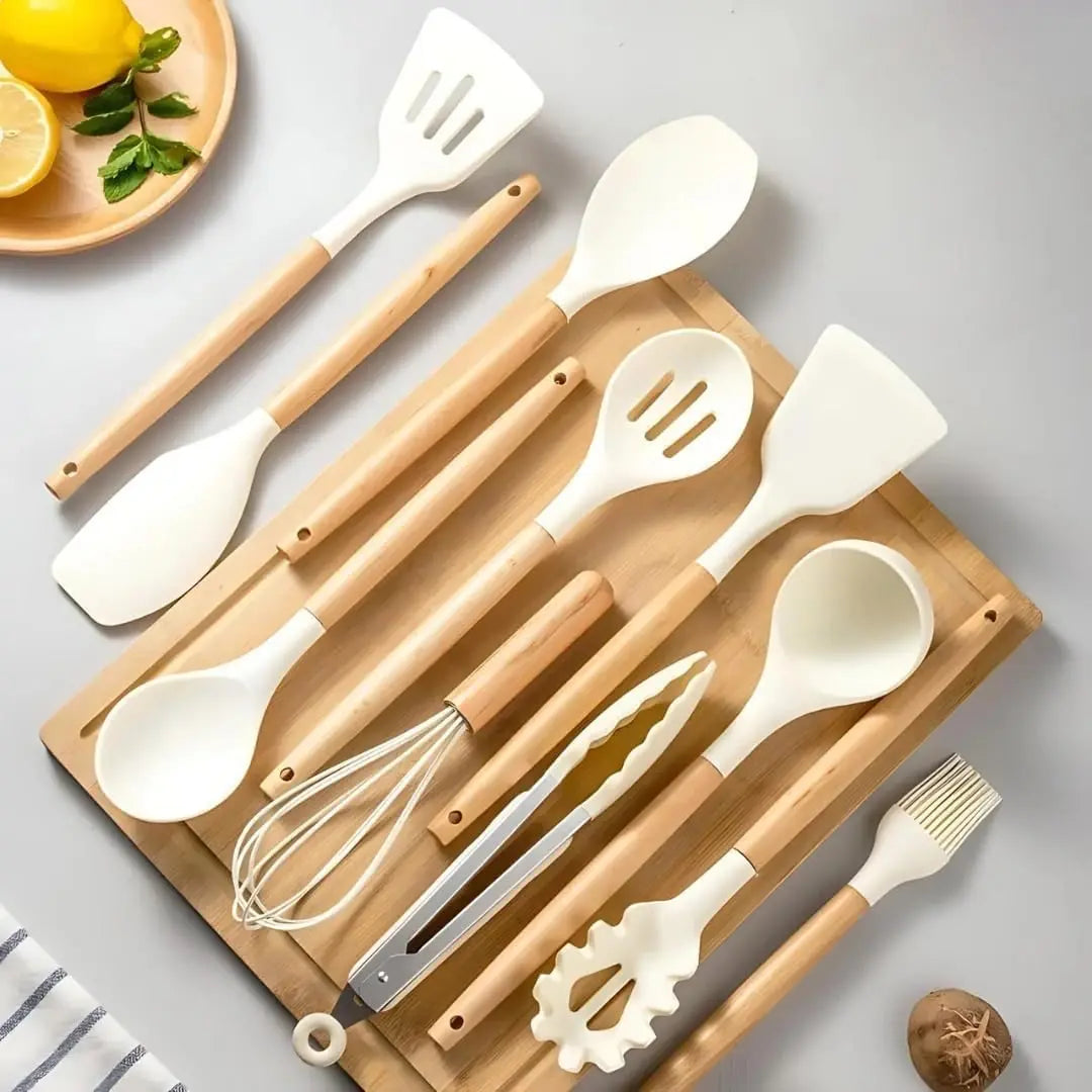 Food Grade Silicone Nonstick Kitchen Utensil Set With Wooden Handles