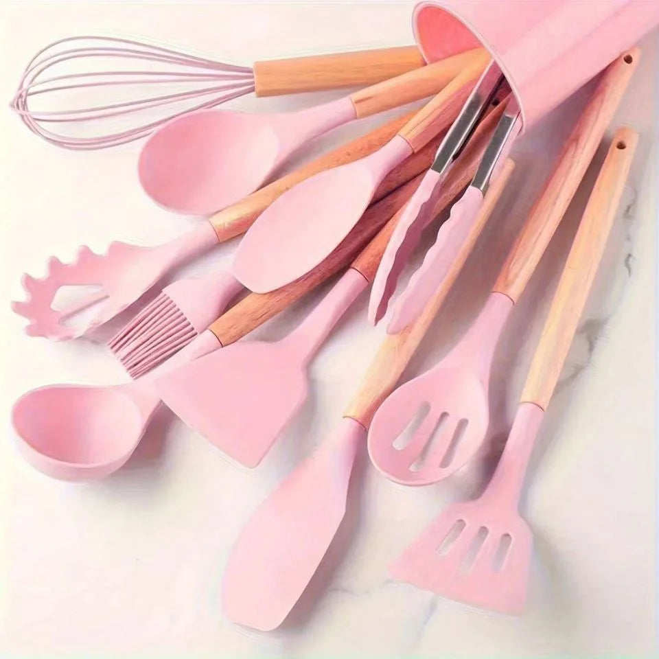 Food Grade Silicone Nonstick Kitchen Utensil Set With Wooden Handles