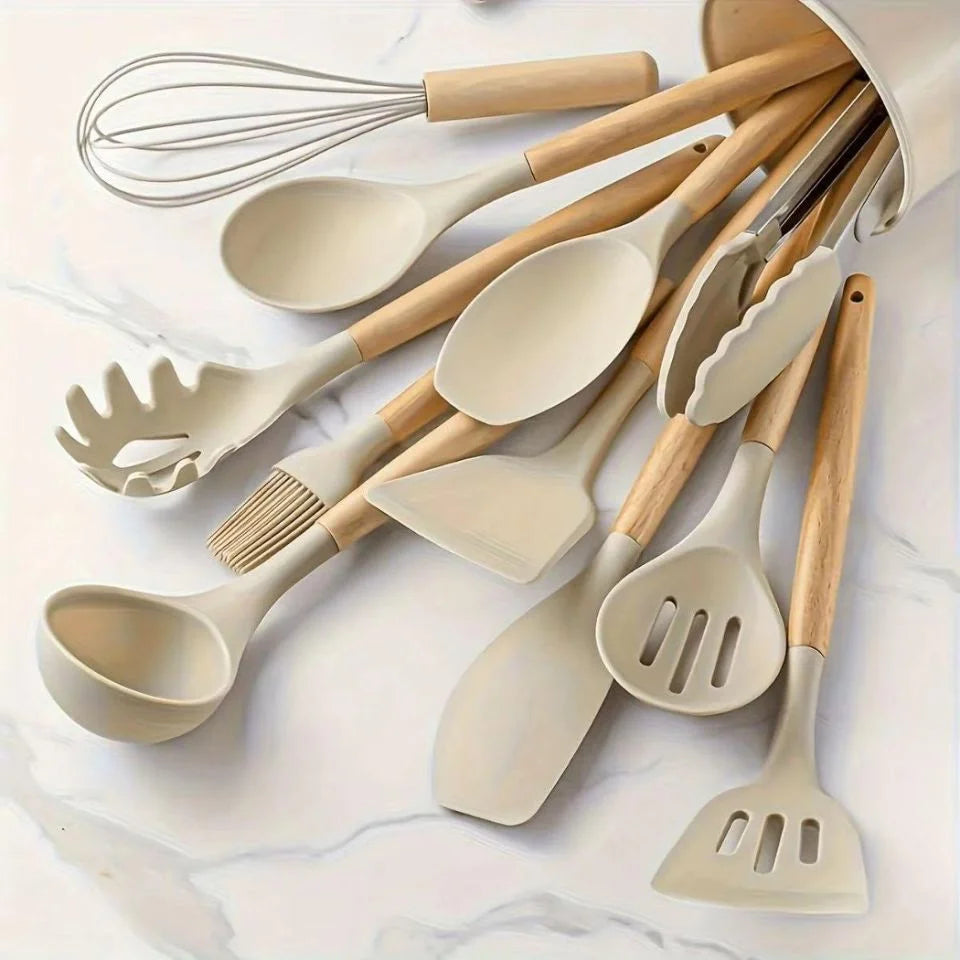 Food Grade Silicone Nonstick Kitchen Utensil Set With Wooden Handles