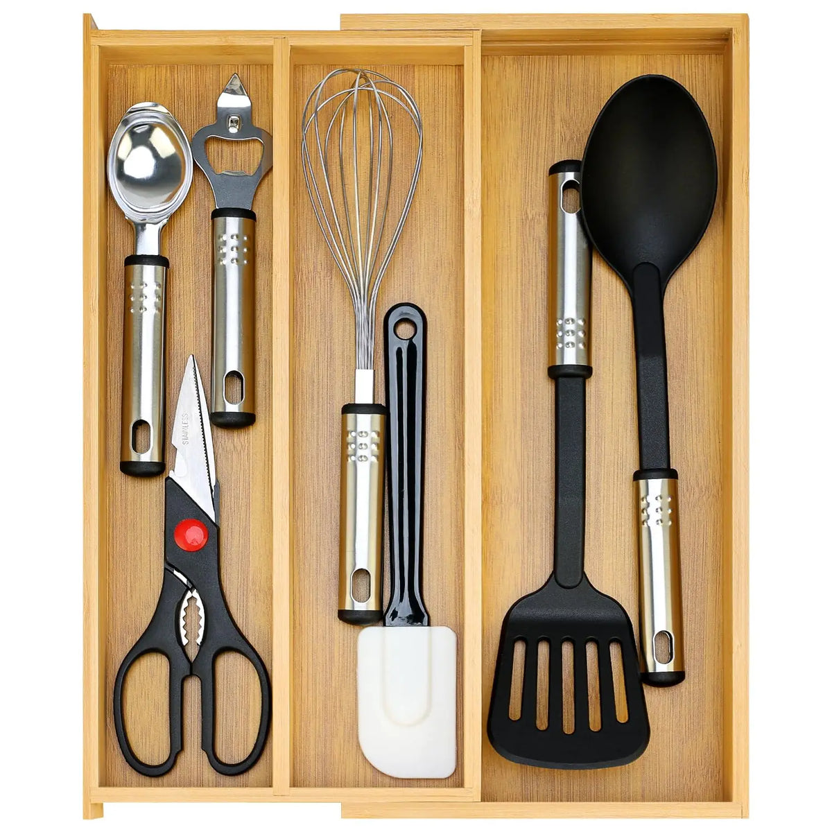 Expandable Bamboo Kitchen Utensil Drawer Organizer Tray for Silverware Storage