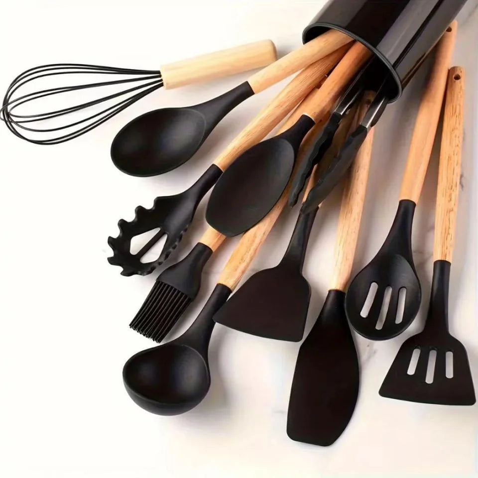 Food Grade Silicone Nonstick Kitchen Utensil Set With Wooden Handles
