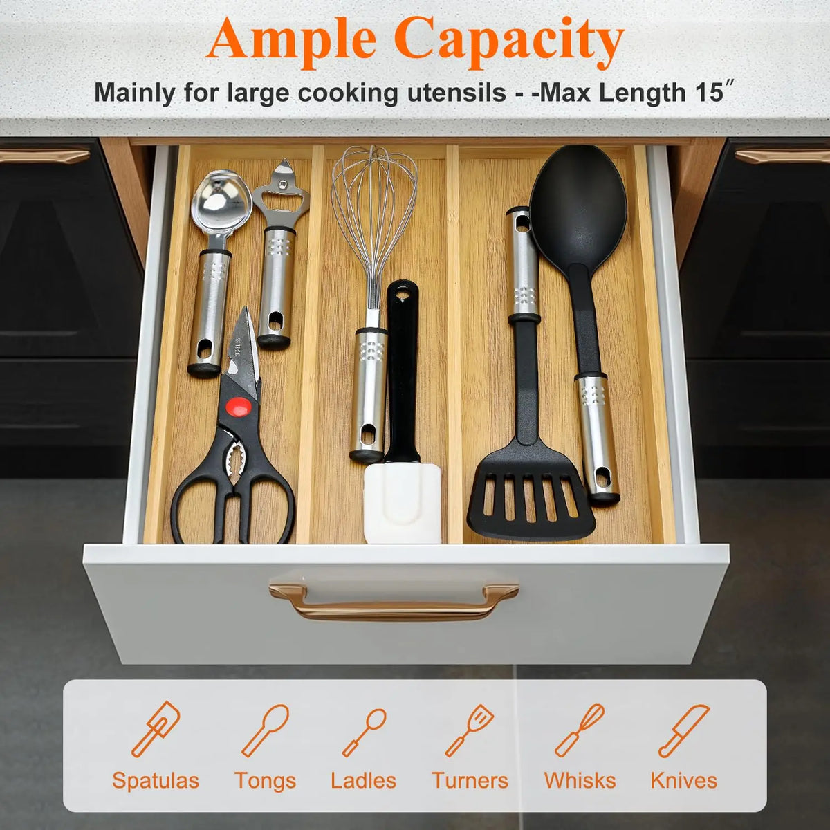 Expandable Bamboo Kitchen Utensil Drawer Organizer Tray for Silverware Storage