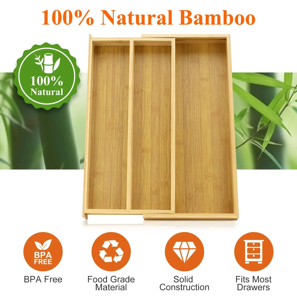 Expandable Bamboo Kitchen Utensil Drawer Organizer Tray for Silverware Storage
