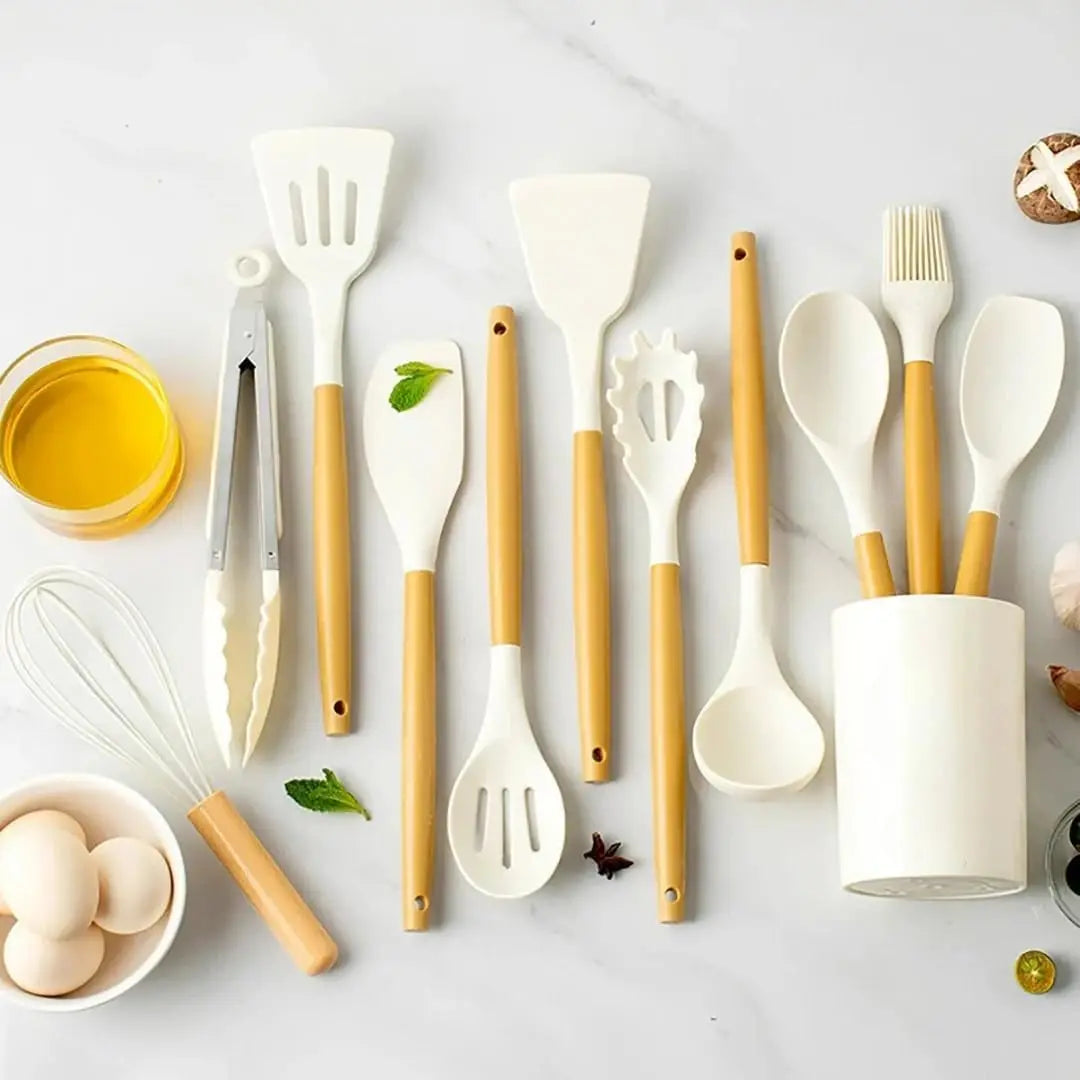 Food Grade Silicone Nonstick Kitchen Utensil Set With Wooden Handles