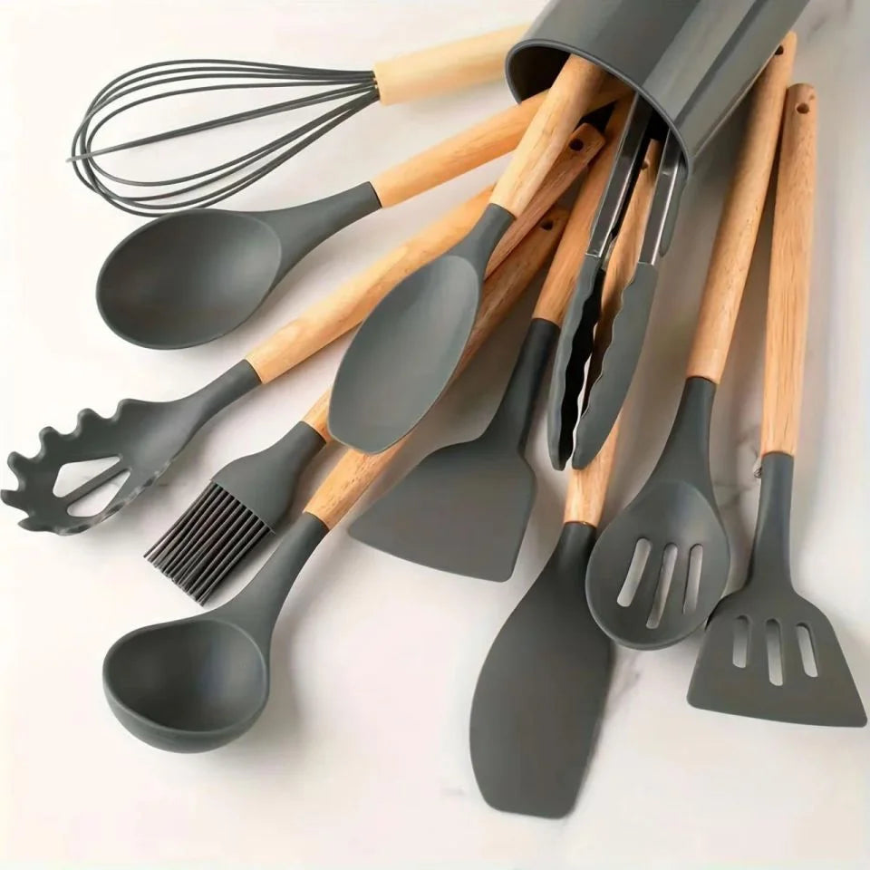 Food Grade Silicone Nonstick Kitchen Utensil Set With Wooden Handles
