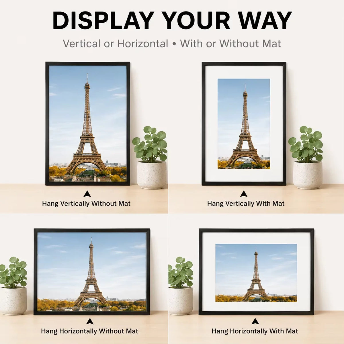 Premium Aluminum Picture Frame Set With Mat For Wall Display