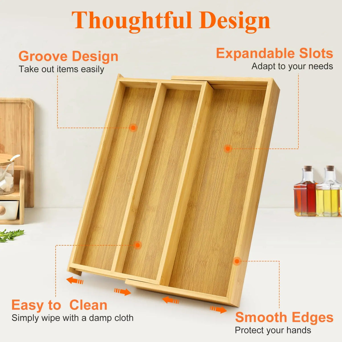 Expandable Bamboo Kitchen Utensil Drawer Organizer Tray for Silverware Storage
