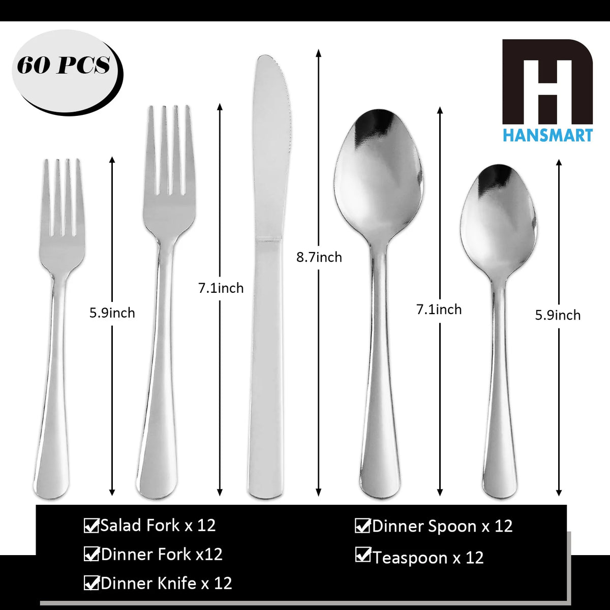 HanSMART 60 Piece Stainless Steel Ribbed Handle Flatware Set