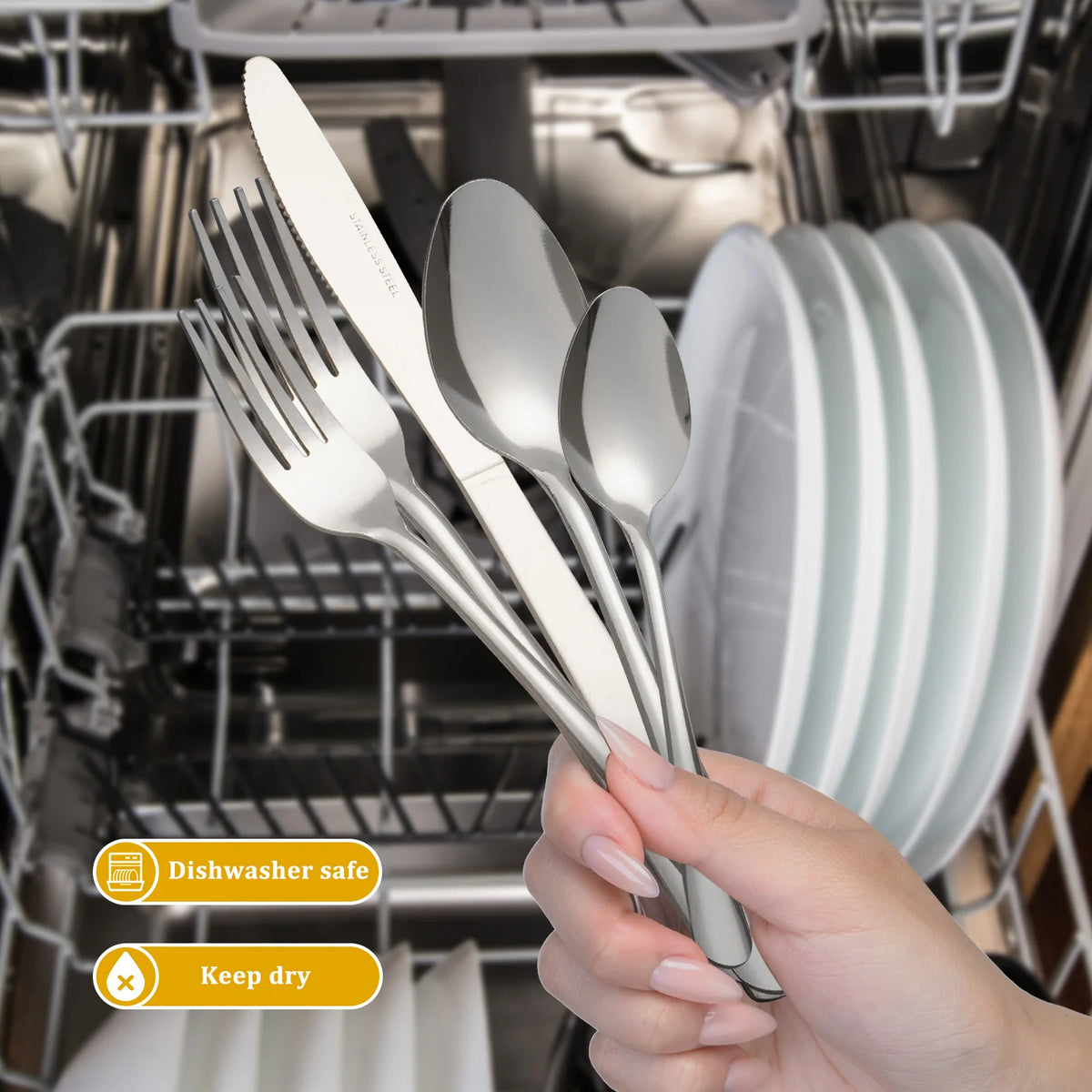 HanSMART 60 Piece Stainless Steel Ribbed Handle Flatware Set