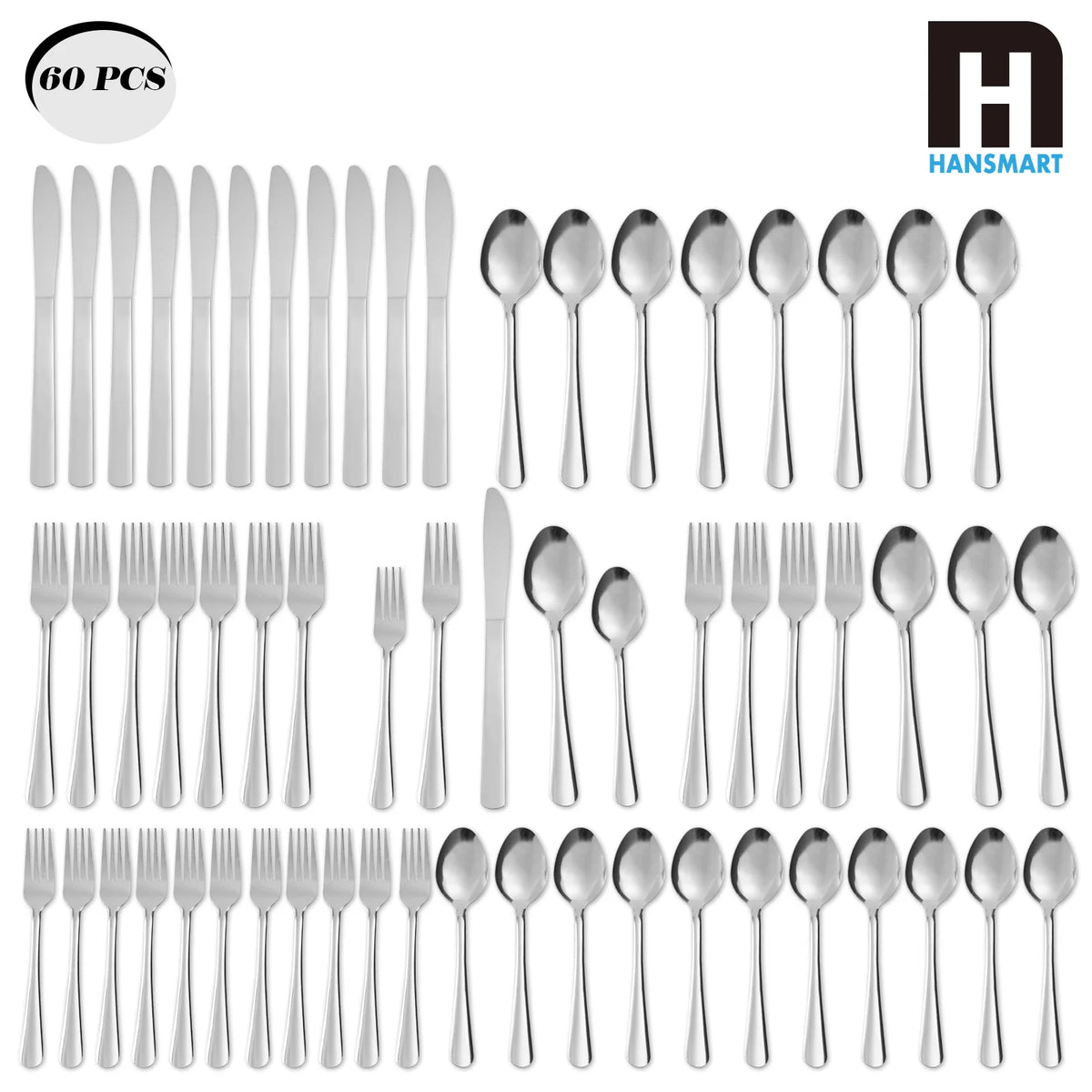 HanSMART 60 Piece Stainless Steel Ribbed Handle Flatware Set
