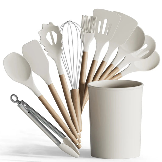 Food Grade Silicone Nonstick Kitchen Utensil Set With Wooden Handles