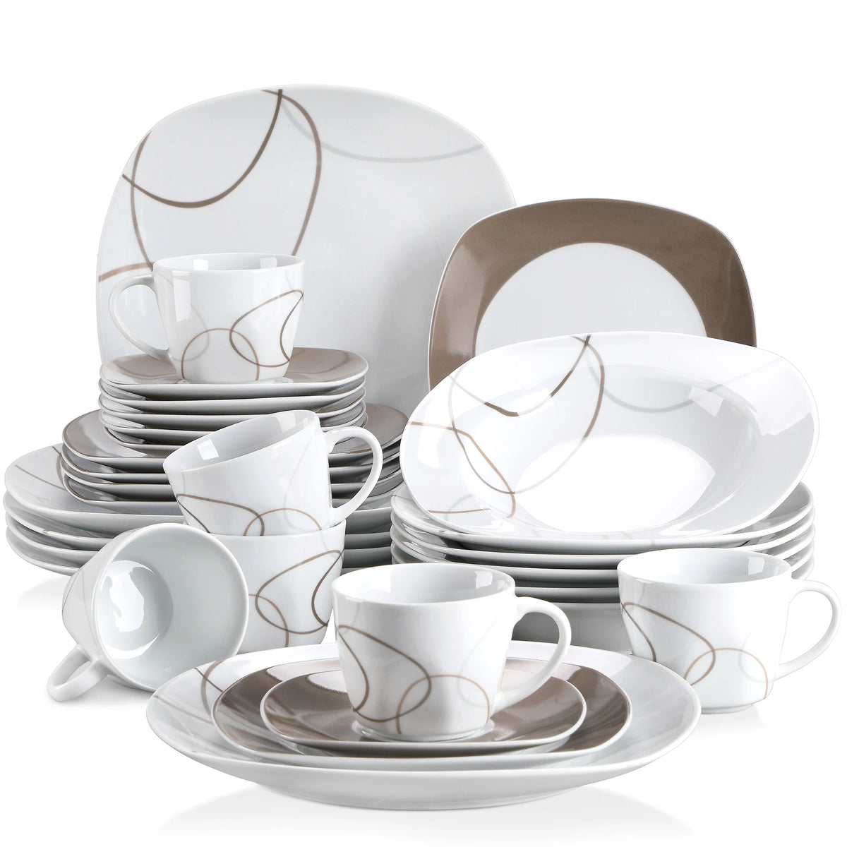 MALACASA Porcelain Ceramic Dinner Plate Set With Cups And Saucers