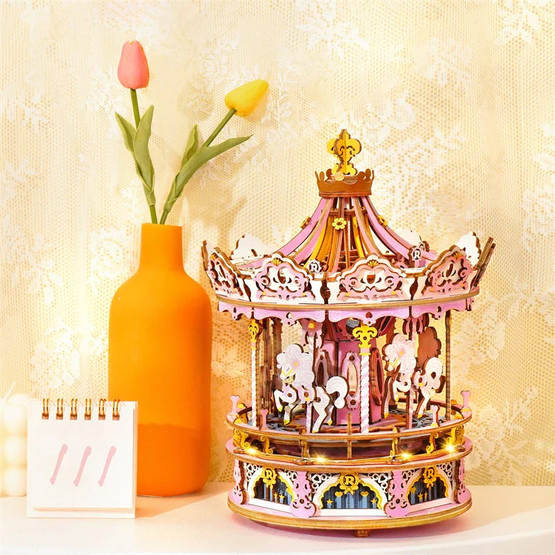 Robotime 3D Wooden Puzzle Rotatable Carousel Music Box Toy
