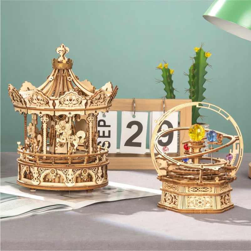 Robotime 3D Wooden Puzzle Rotatable Carousel Music Box Toy