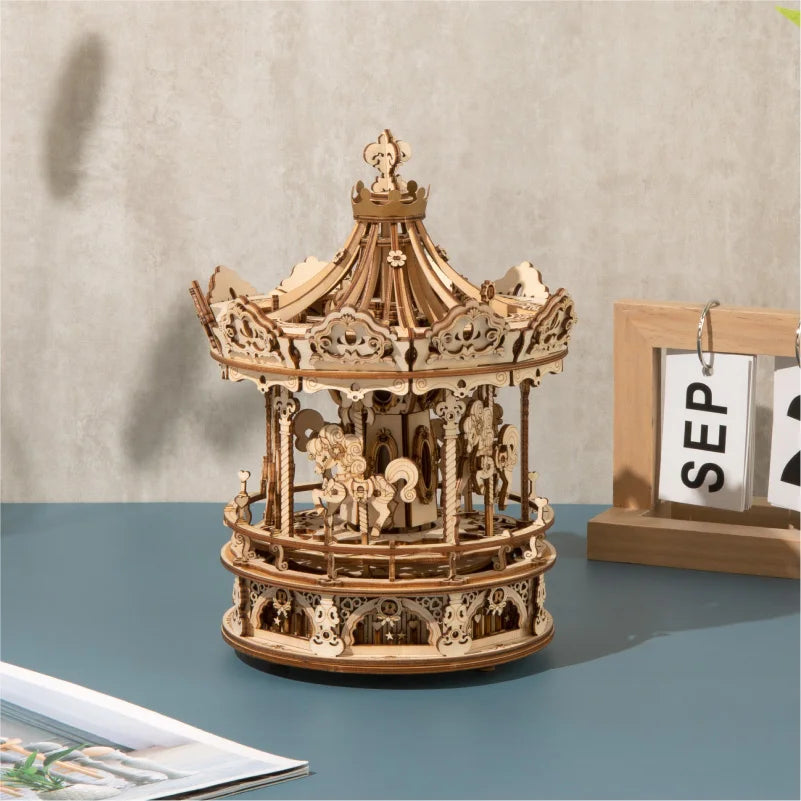 Robotime 3D Wooden Puzzle Rotatable Carousel Music Box Toy