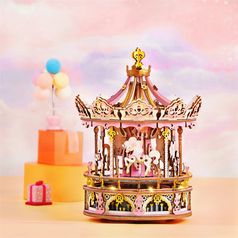 Robotime 3D Wooden Puzzle Rotatable Carousel Music Box Toy