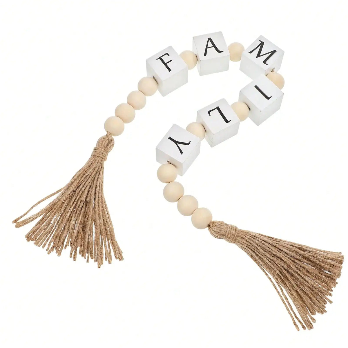 Wood Letter Block Bead Garland With Tassels For Farmhouse Decor