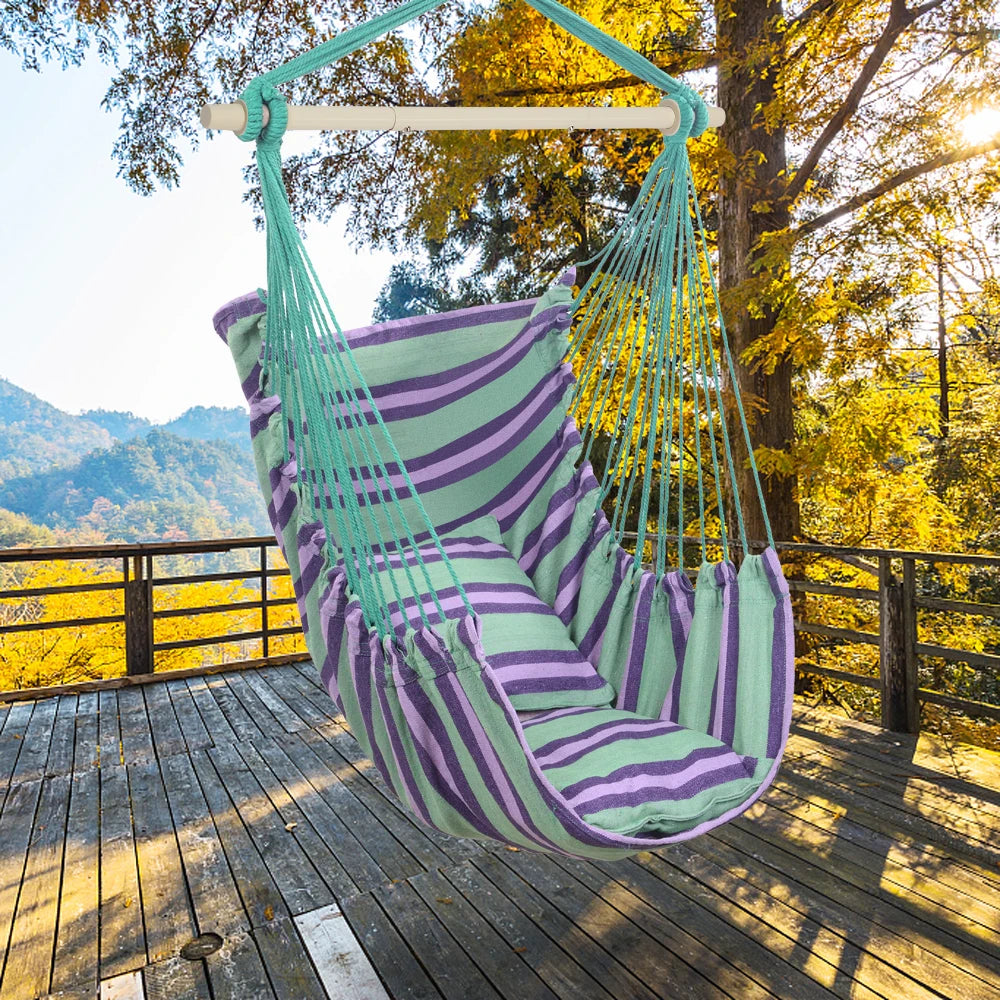 Outdoor Hanging Rope Chair Polyester Cotton With Cushions 250 Lbs Capacity
