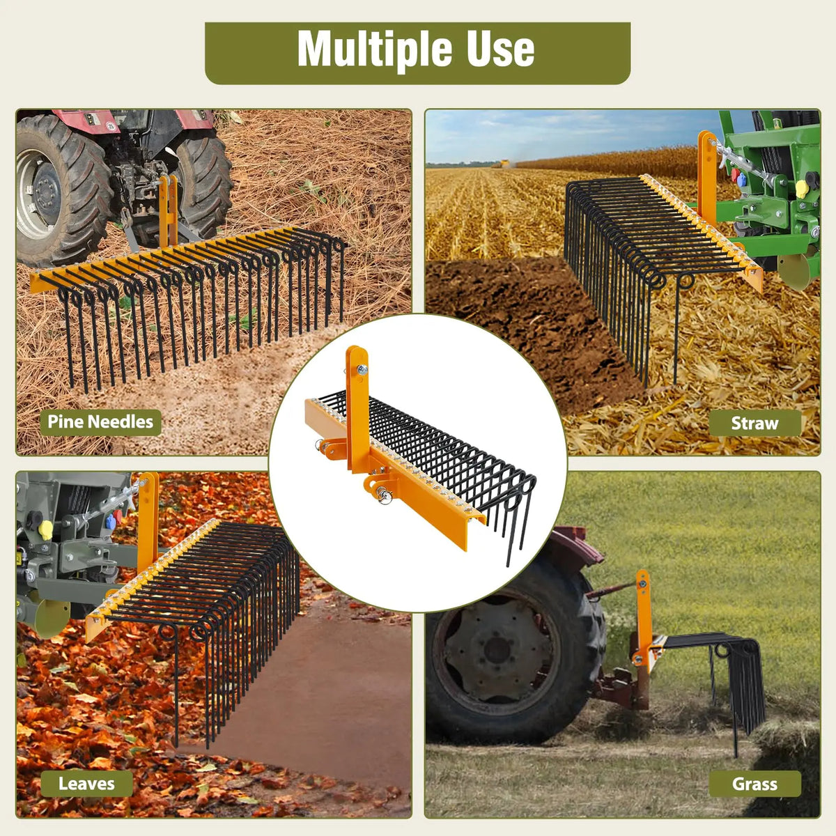HiMISS Tow Behind Pine Straw Rake With Durable Spring Tines