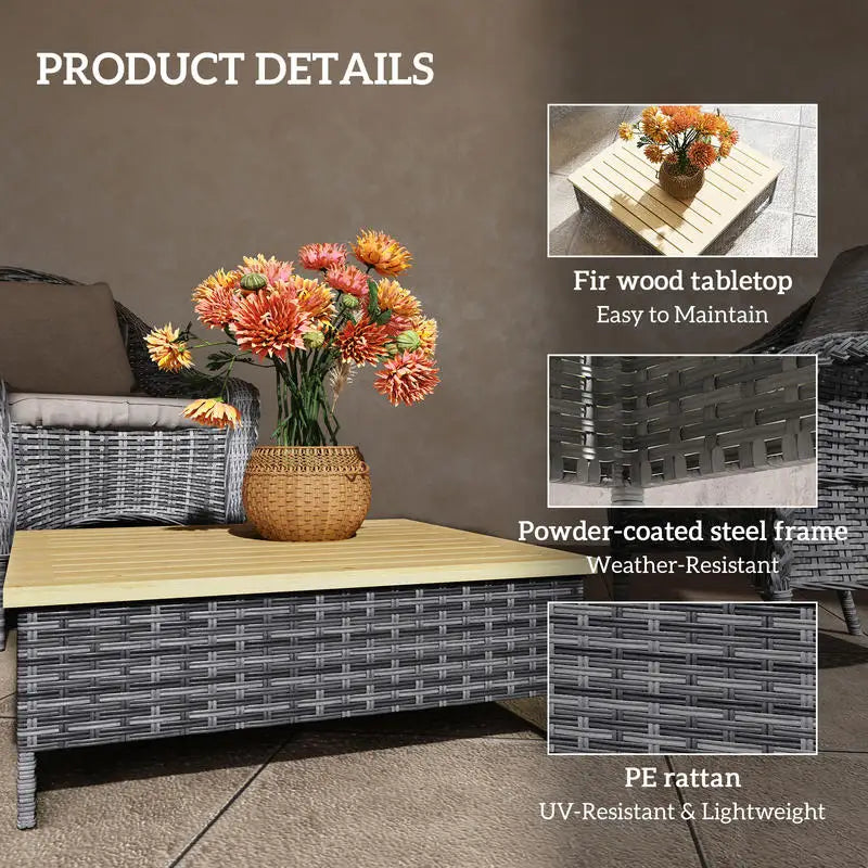 Outdoor PE Rattan Side Table With Natural Fir Wood Top Weather Resistant