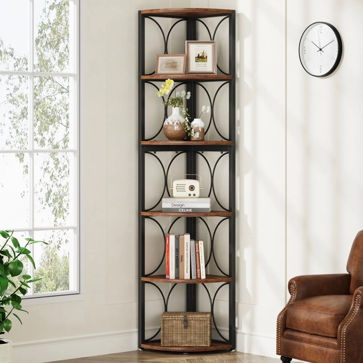 Tribesigns Tall Corner Shelf Unit Rustic Wood Bookshelf Storage