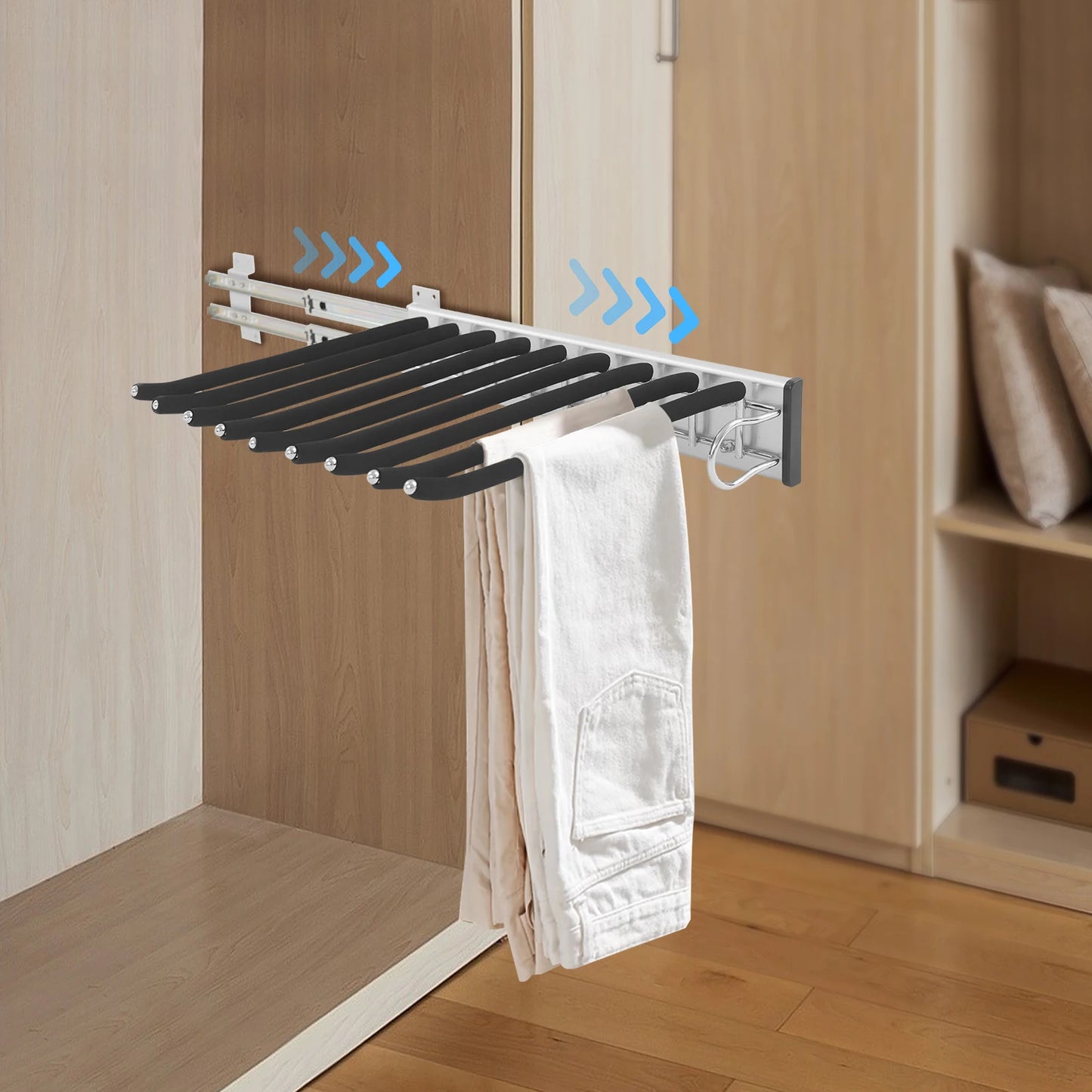 Bymaocar Pull Out Pants Rack 9 Rods Retractable Wardrobe Organizer
