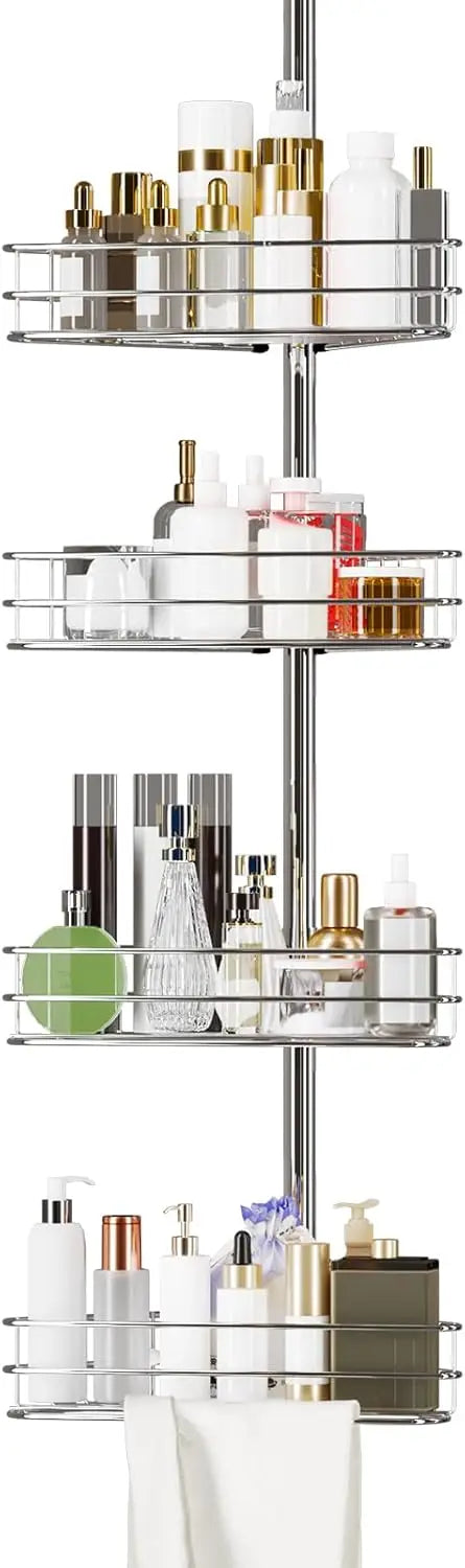 Four Layer Stainless Steel Bathroom Corner Shower Tension Pole Rack