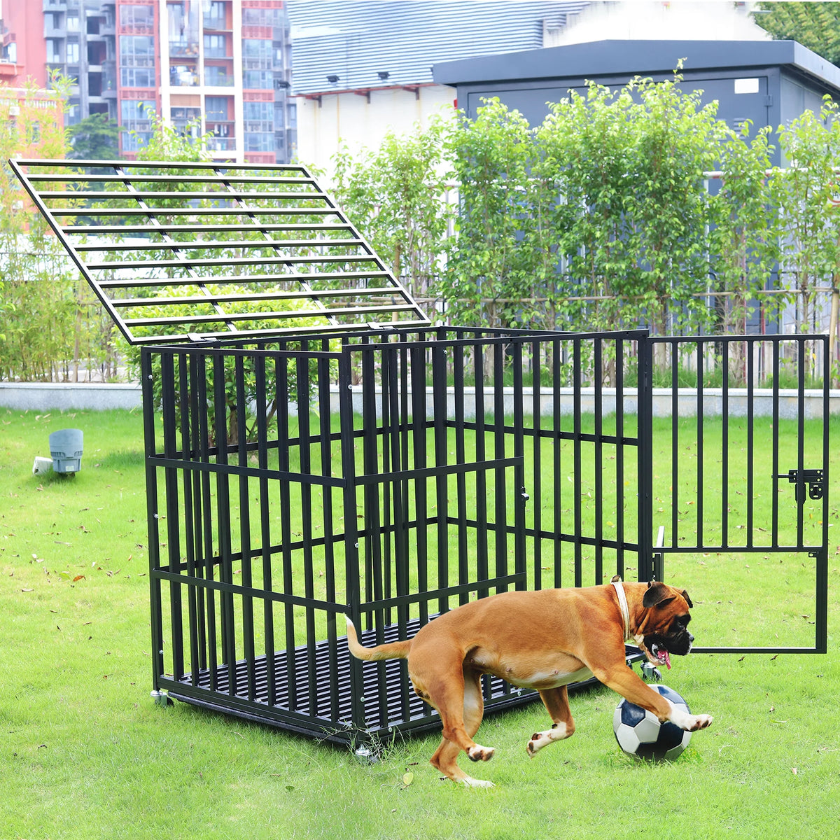 Bingopaw Heavy Duty Metal Dog Crate With Lockable Wheels Tray