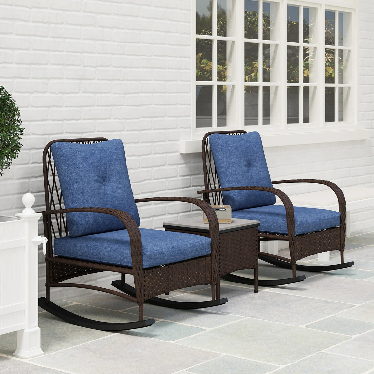 Outsunny Outdoor Rattan Patio Rocking Chairs And Coffee Table Set