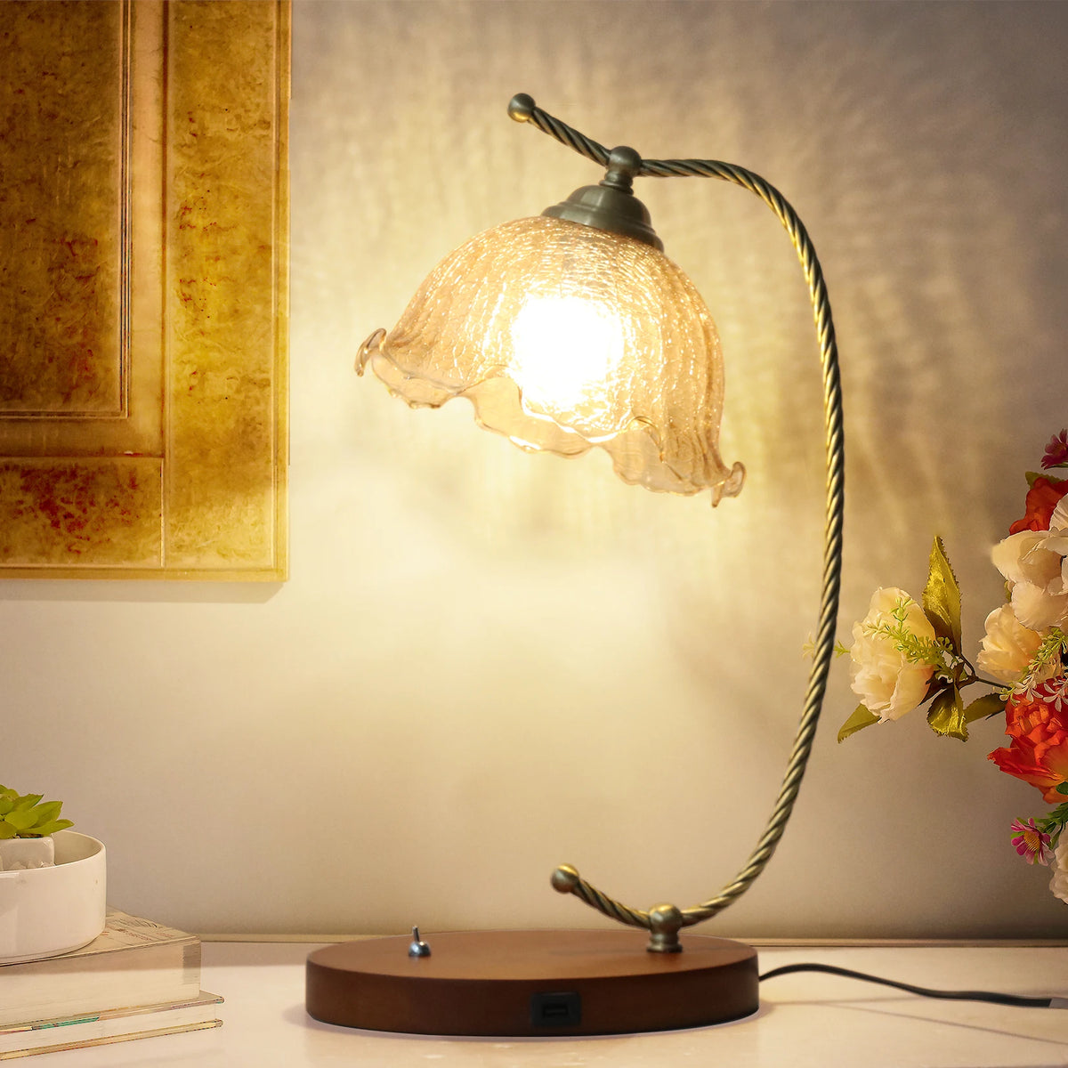 Mid Century Modern Glass Flower Desk Bedside Reading Lamp