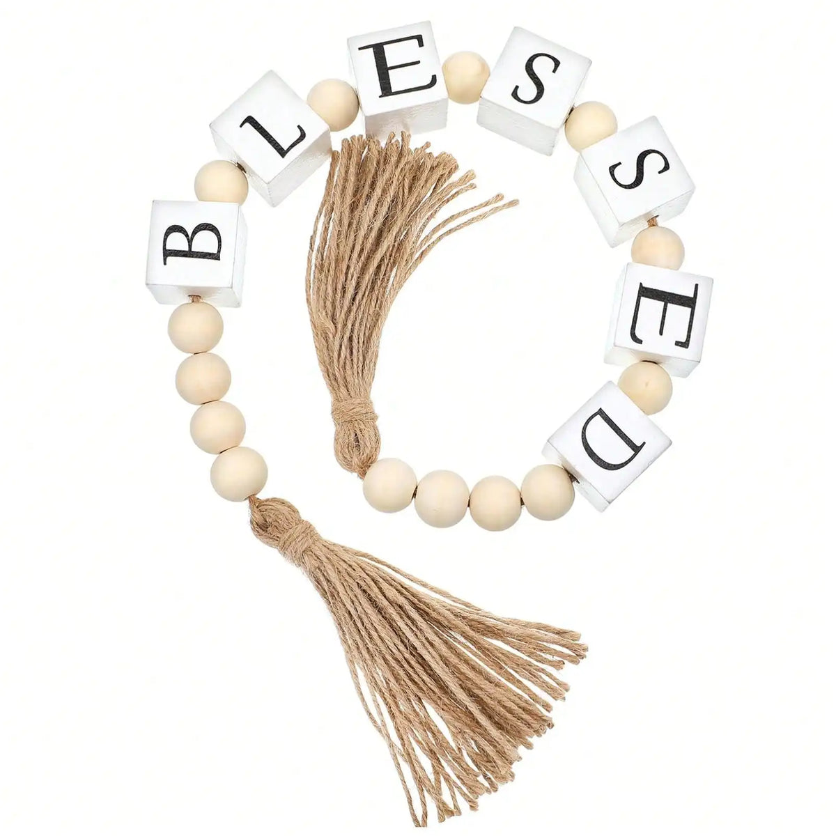 Wood Letter Block Bead Garland With Tassels For Farmhouse Decor