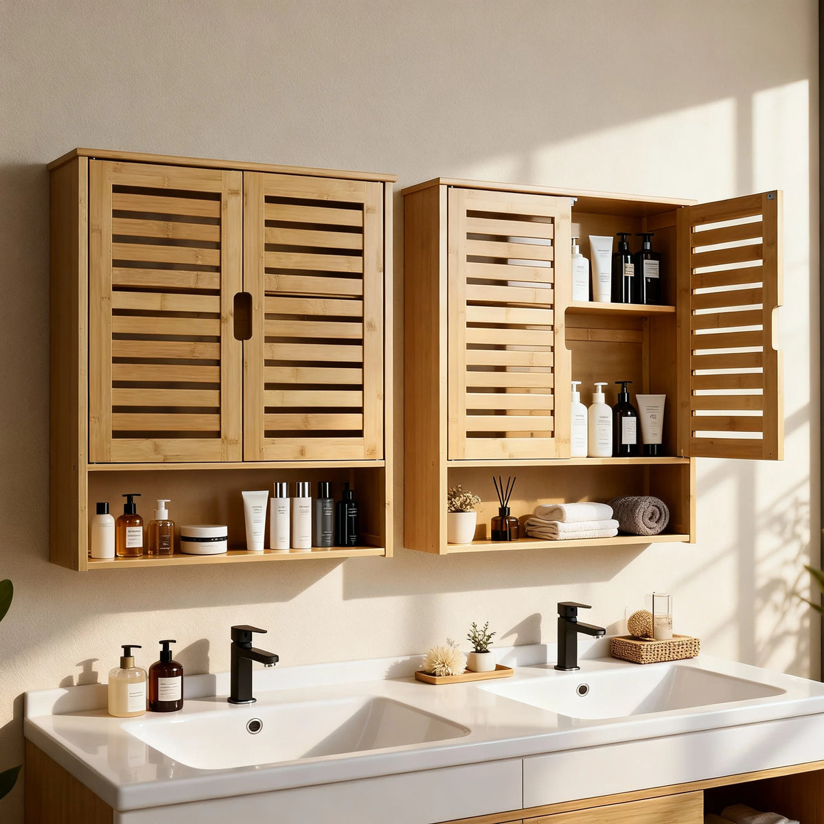 Wisfor Bamboo Bathroom Wall Cabinet With Doors And Open Shelf