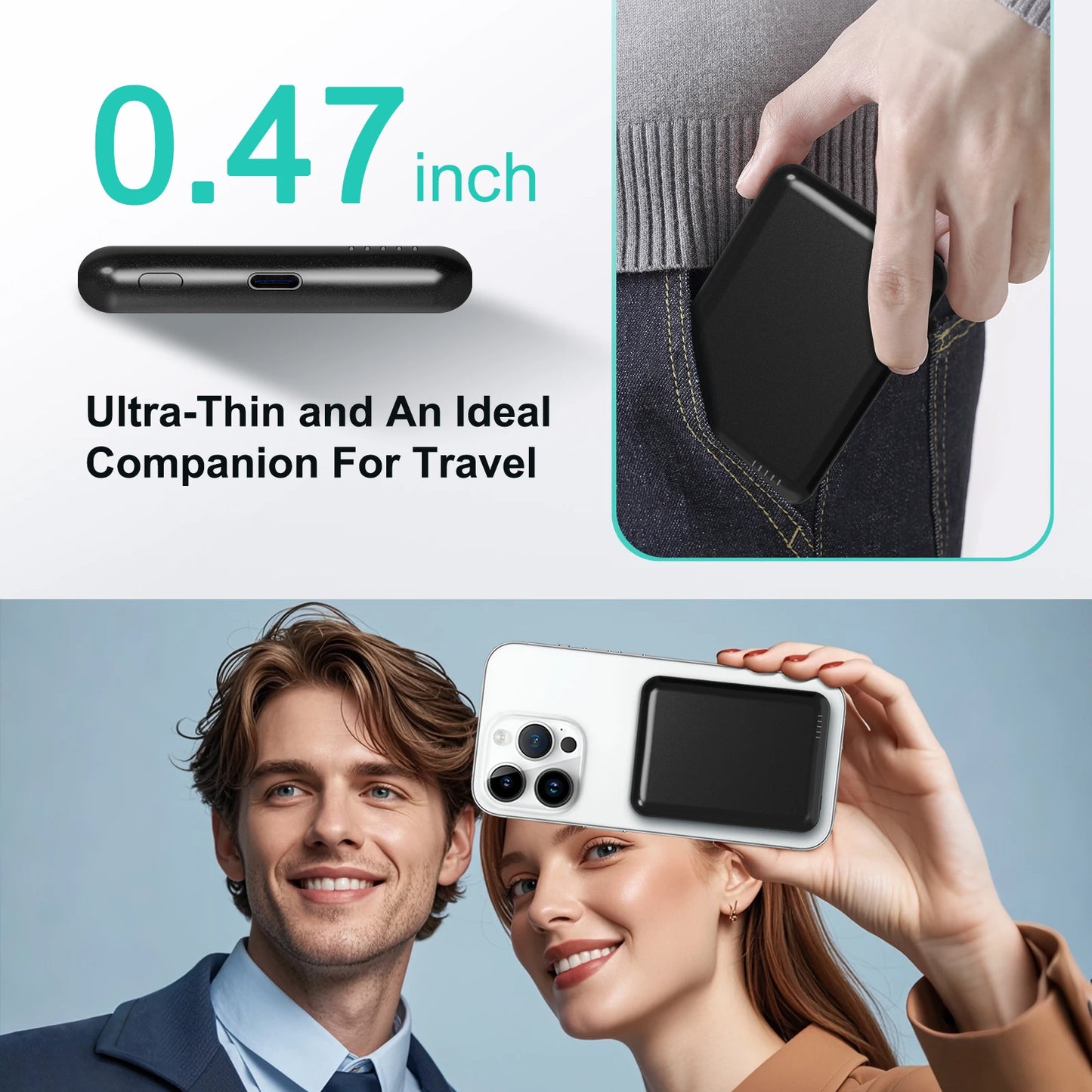 Portable 5000 mAh Wireless Magnetic Power Bank With Usb C Cable