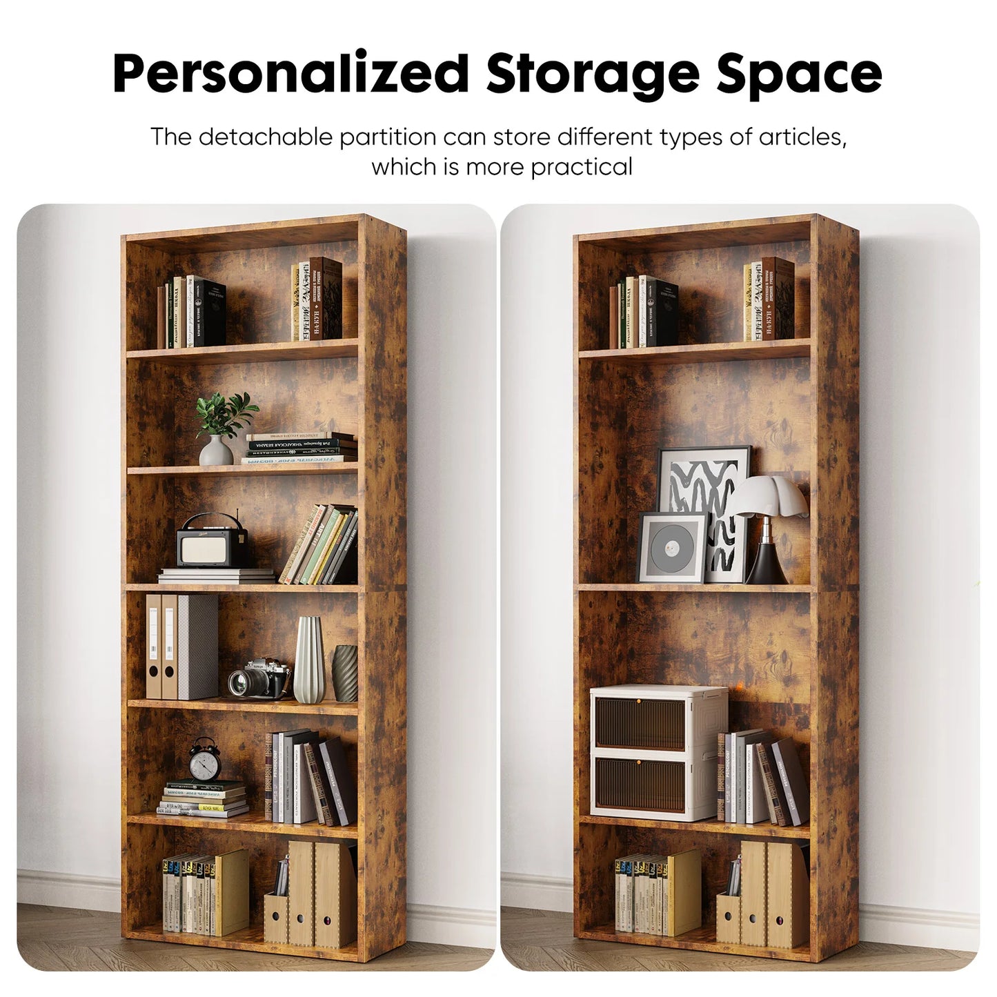 JHK 6-Tier Wooden Bookcase Floor Standing Open Bookshelf