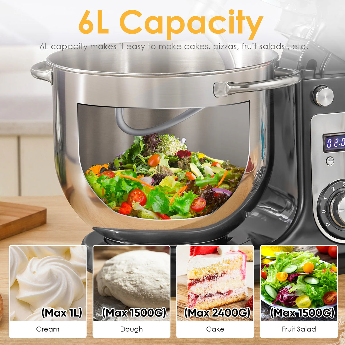 BioloMix Quiet Motor Tilt Head Stand Mixer Six Speed Control