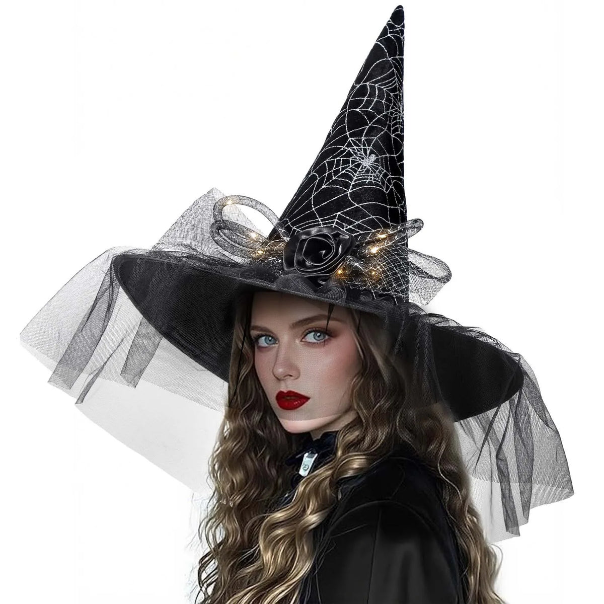 Womens Halloween Witch Hat with Lace Feather and LED Decor