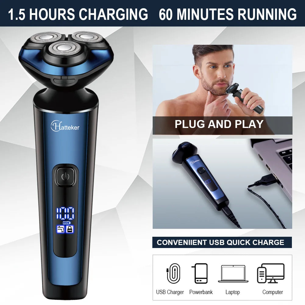 Hatteker 3-In-1 Rechargeable Men's Electric Shaver With Digital Display