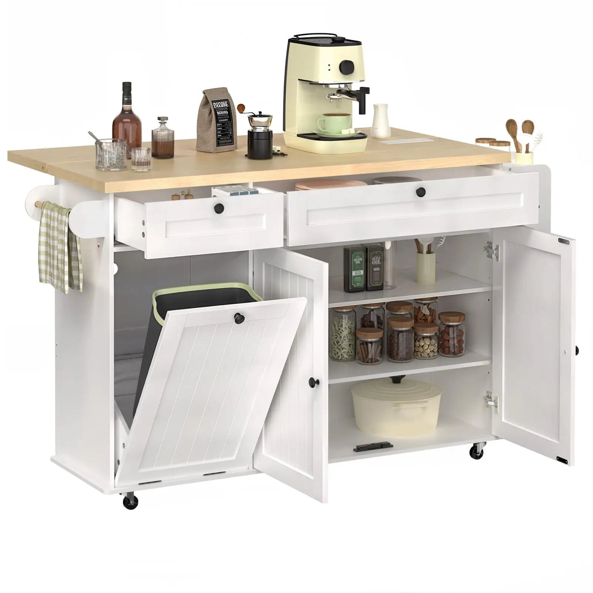 Onbrill Wood Mobile Kitchen Island With Power Outlet Rack